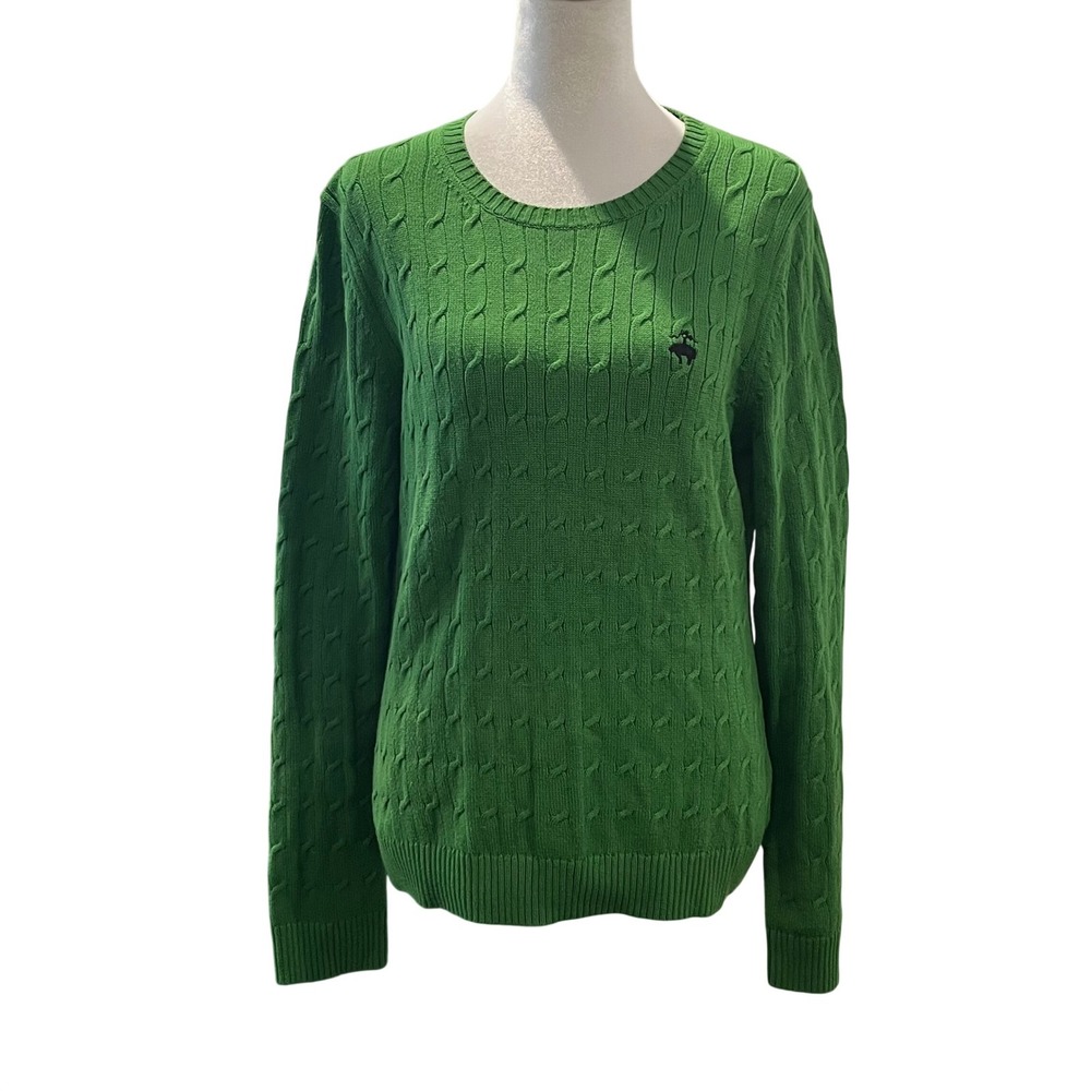 Brooks Brothers Cable Knit Sweater Green Cotton CrewNeck Women's Large Preppy